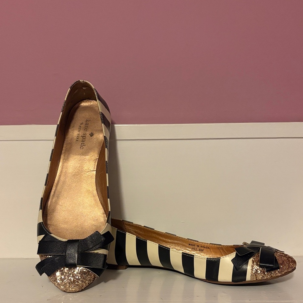 Kate Spade Striped Flats with Glitter Toe and Bow “Trixie” 8 😎3 for $25